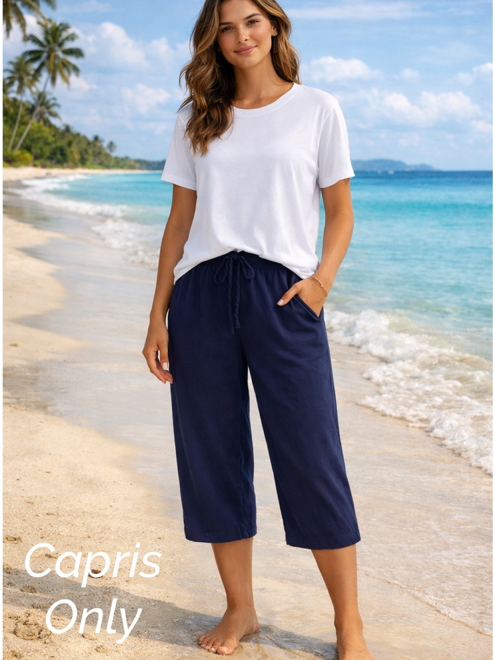 Blue Wide Leg Capris elastic waist drawstring Lounge Pants with pockets medium